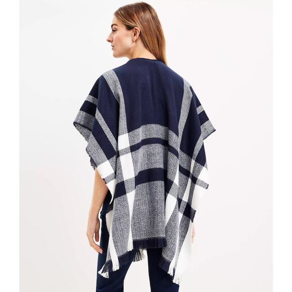 LOFT M/L Boho Blue Poncho Open Front Oversized Shawl Cardigan - Picture 2 of 13